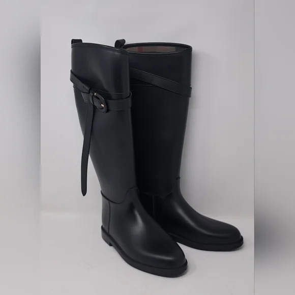 Burberry Women's Rain Boots Knee High Equestrian Black Belt Italy 36 EU 6 US - Picture 2 of 13